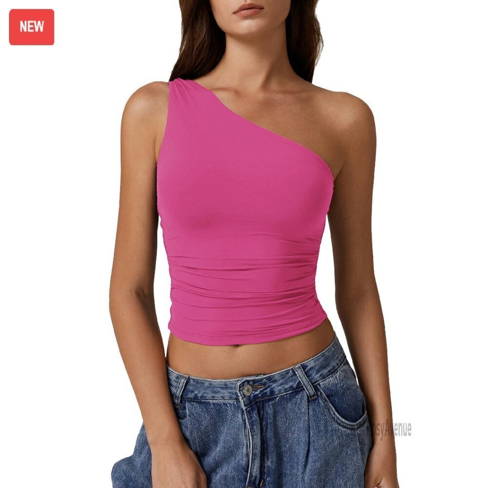 One Shoulder Double Lined Cropped Tank Top Slim Fit Sleeveless Tee